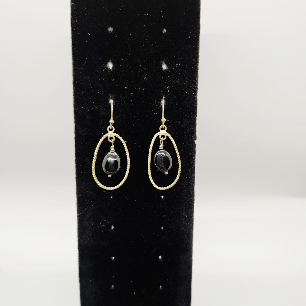 Dangle Drop Earrings 1.4" Silver Gold Tone Twisted Oval Black Stone Bead